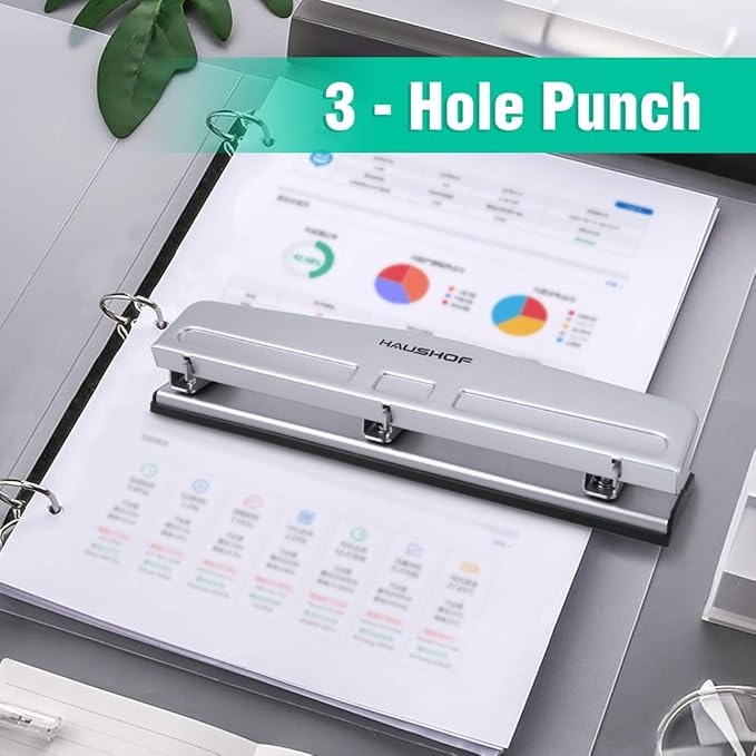 HAUSHOF Desktop Stapler and 3-Hole Punch Set with 5000-Piece Staples and Staple Remover, Office Supplies Compatible with 26/6 and 24/6 Staples