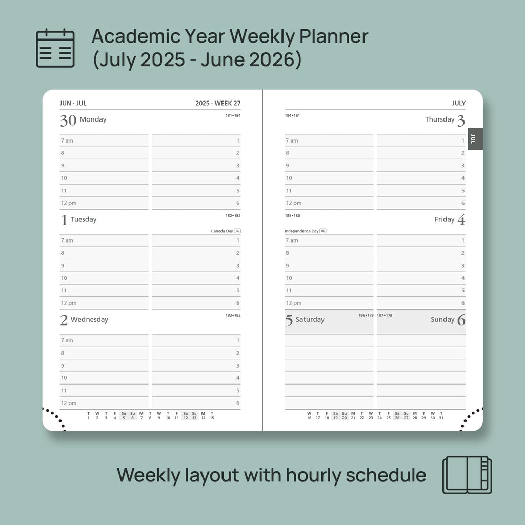 POPRUN Pocket Planner 2025-2026, (Purse Size 4''x 6.25'' Hard Cover) Academic Year Calendar Daily Weekly and Monthly (July 25-June 26) with Hourly Time Slots, 100 GSM Paper - Midnight Green