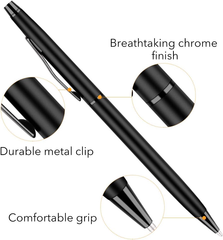 Unibene Slim Metallic Retractable Ballpoint Pens - Matte Black, Nice Gift for Business Office Students Teachers Wedding Christmas, Medium Point(1 mm) 6 Pack-Black ink