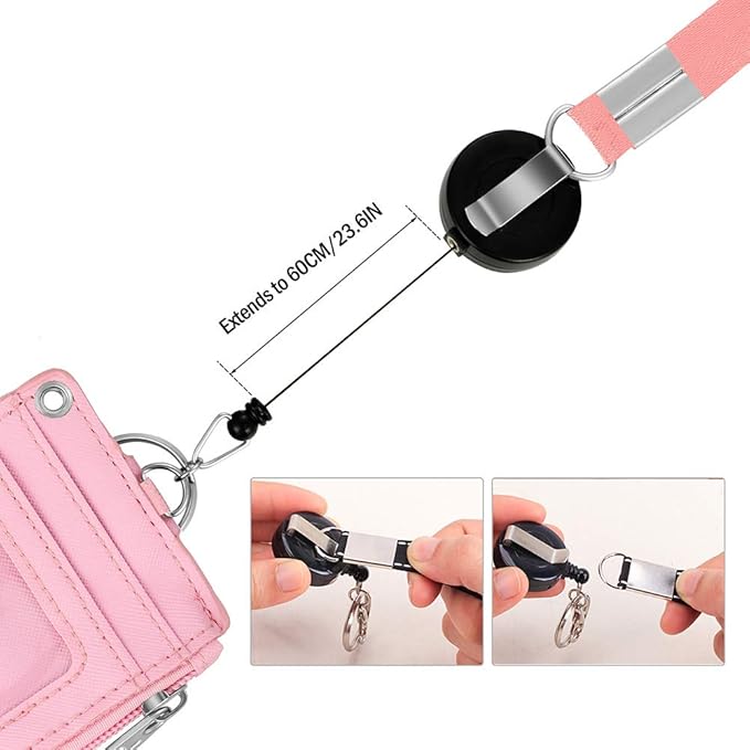 Cute Badge Holder Retractable Lanyard Reel Clip with Heavy Duty Carabiner, 1 Clear ID Window, and 4 Card Slots in 2 Sided for Students Teens Boys Girls Women