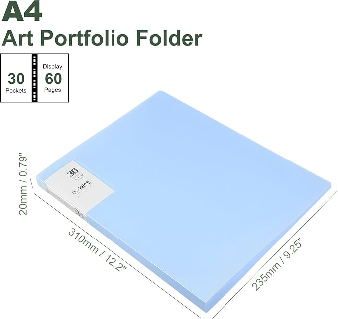 M&G 30-Pocket Binder with PP Plastic Sleeves A4(Blue), Art Portfolio Folder with Clear Sheet Protectors, Display 60 Pages for Organizing Documents, 310x235x20mm