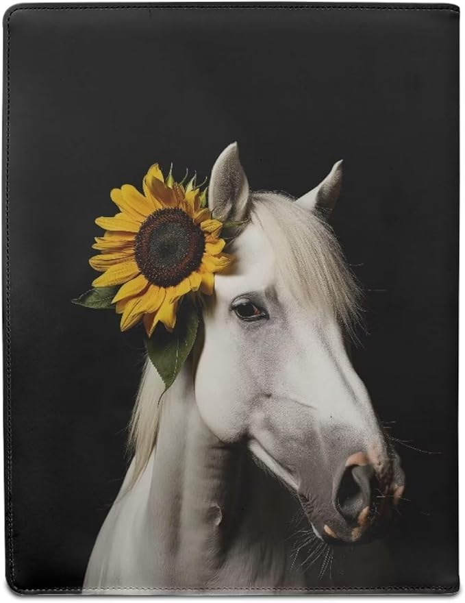 Office Folder White Horse Sunflower Print Leather Padfolio with A4 Size Clipboard Clip for Business Resume Interview Document Sleeve Binder Folder for Men/Women