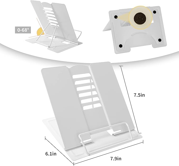 Metal Book Stand - Adjustable Book Holder for Reading (Full White)