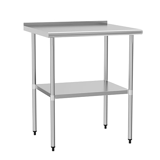 Stainless Steel Table 30 x 30 Inches Metal Prep Table with Backsplash & Adjustable Undershelf, Stainless Table for Commercial Kitchen, Outdoor, Restaurant, Hotel & Garage