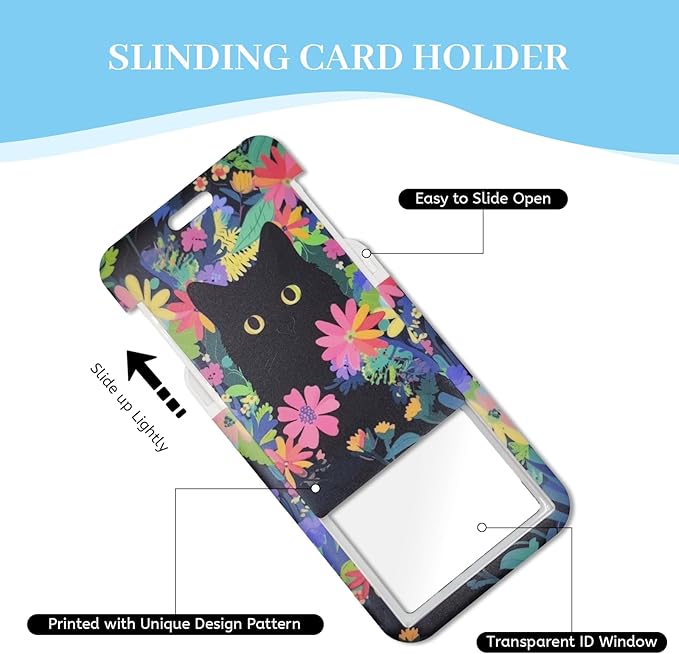 Lanyards for Id Badges, Cat Flower Floral Badge Holder with Retractable Reel Clip, Cute Work Name Tags Keychain Lanyard ID Card Protector Cover Case for Women Teacher Nurse Doctor Office