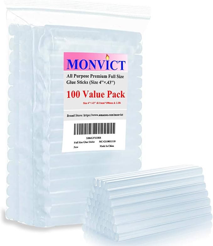 MONVICT Hot Glue Sticks, Pack of 100 (2.2 lb) 4"Long 0.43" Diameter Full-Size Hot Glue Gun Sticks Art Glues Pastes Hot Melt Sticks for Most Large Glue Guns, Clear Glue Sticks for DIY, Arts & Crafts