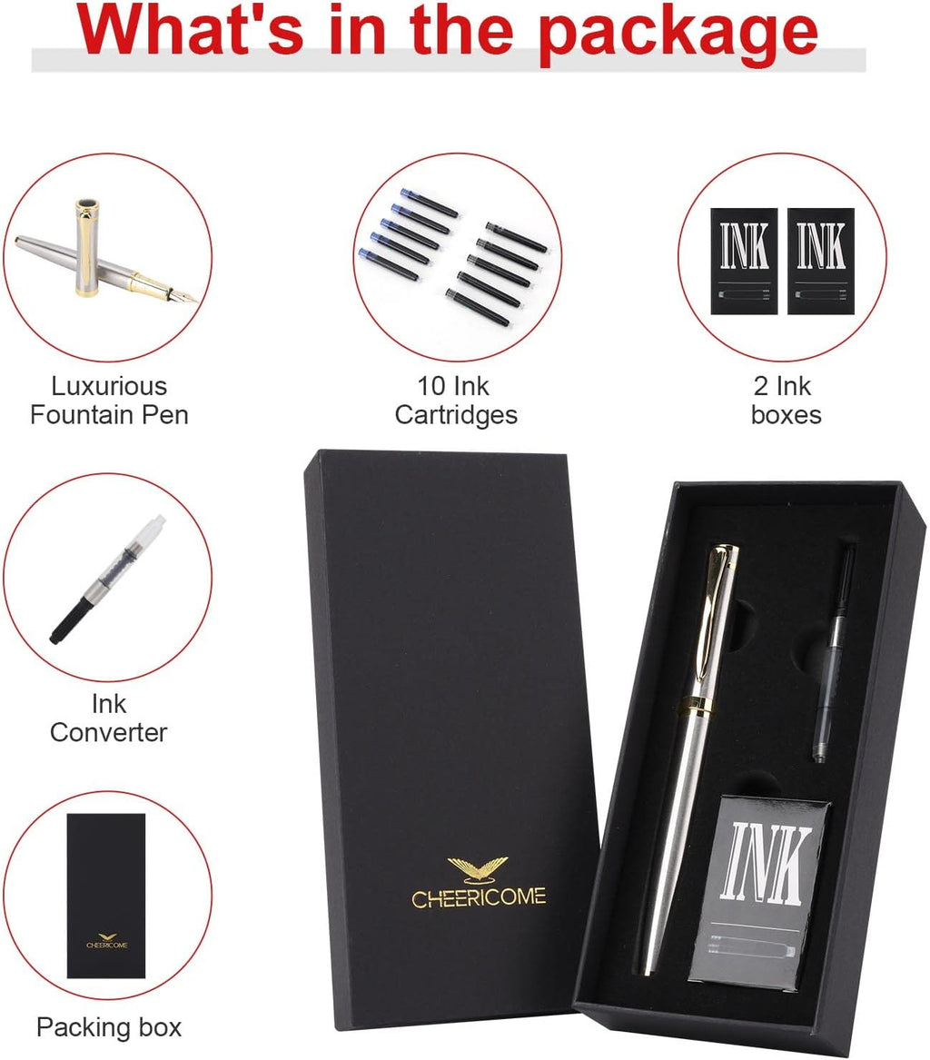 Cheericome Fountain Pen - Luxury Fountain pen set for Men & Women - Ink Pen for Smooth Writing - Fountain Pen Fine Nib，Includes 10 Ink Cartridges and Ink Refill Converter - Silver