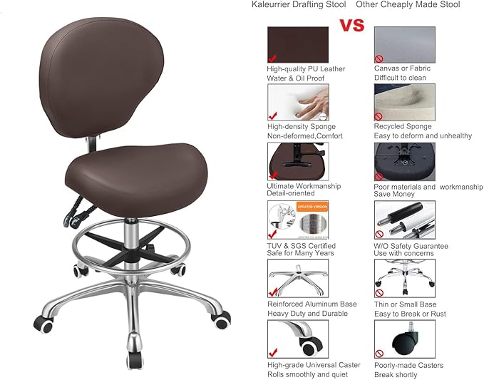 Kaleurrier Adjustable Stools Drafting Chair with Backrest & Foot Rest,Tilt Back,Swivel Seat,Rolling Wheels,for Studio,Dental,Office,Salon and Counter,Armless Tall Home Desk Chairs (Brown)