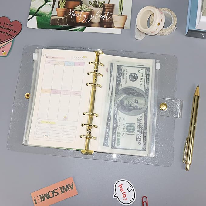 Glitter Powder PVC Binder Cover 6 Round Ring Binders Snap Button Closure Loose Leaf Folders Refillable Soft PVC Notebook Shell Protector (Gold 6 Rings, A6 Binder)