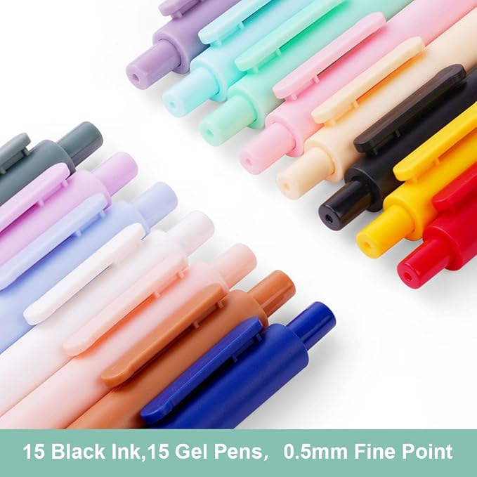 AUAUY Retractable Gel Pens, 15PCS Cute Retractable Quick Dry Gel Ink Pen, Cute Pens 0.5mm Medium Point Black Ink Quick Drying for Writing Drawing Journaling Note Taking School Office Home