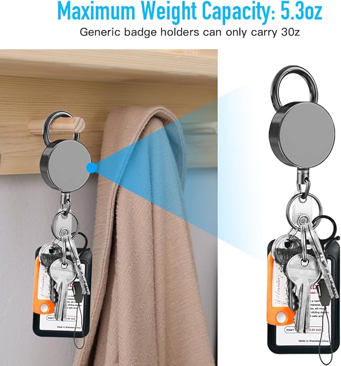 Heavy Duty Metal Retractable Badge Reels, ID Badge Holder with Belt Clip Key Ring, Retractable Metal Keychain Badge Holder, 1 Pack