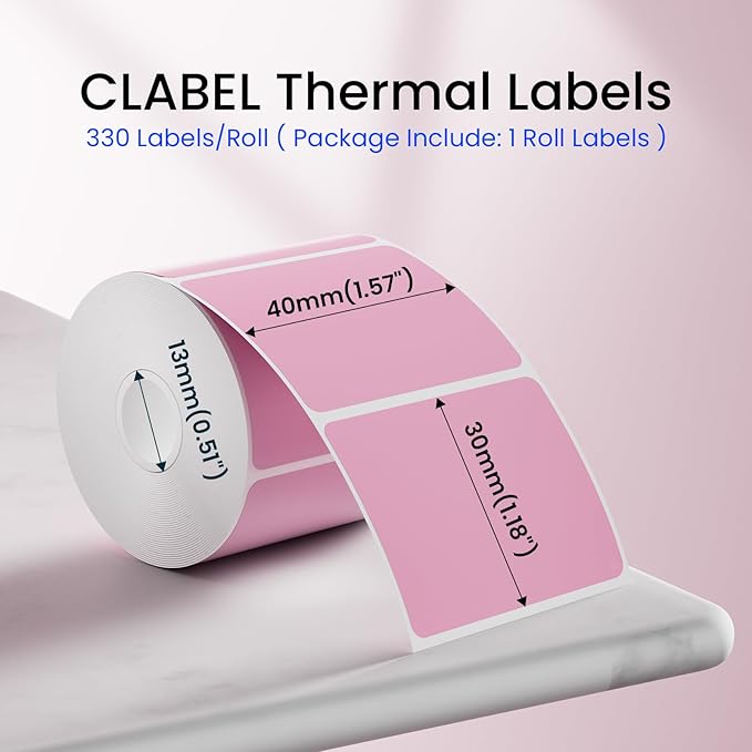 CLABEL Thermal Label 1.57'' x 1.18'' (40x30mm) Self-Adhesive Stickers for 220B/221B/230B Label Maker 330 Labels/Roll Black Text on Pink Paper in Stronger Waterproof Tear-Resistant for Business Home