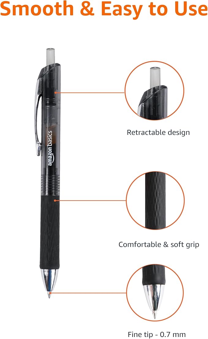 Amazon Basics Gel Pens Fine Point Smooth Writing Pens, Retractable, Black, 0.7mm, 12 Pack