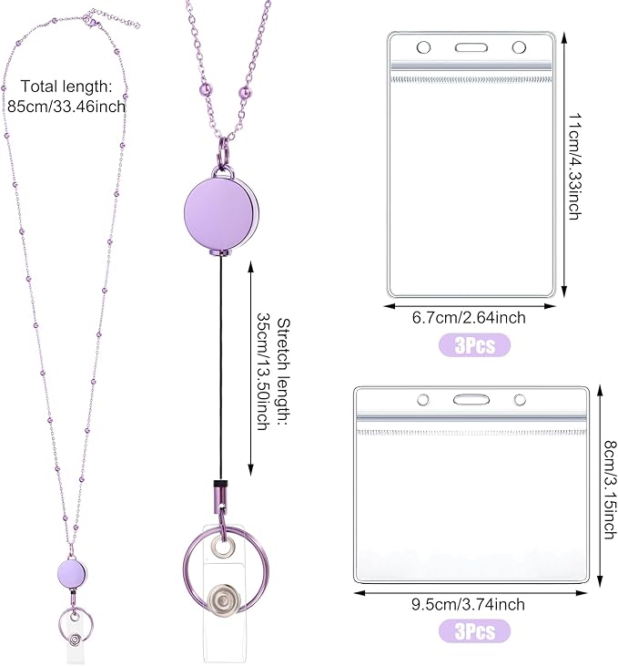Lanyards for Id Badges 3 Pack Badge Lanyard with 6 Pcs Id Badge Holder Retractable Badge Holders Stainless Steel Teacher Lanyards for Women Cruise Ship Lanyards (Rose Gold, Pink, Purple)