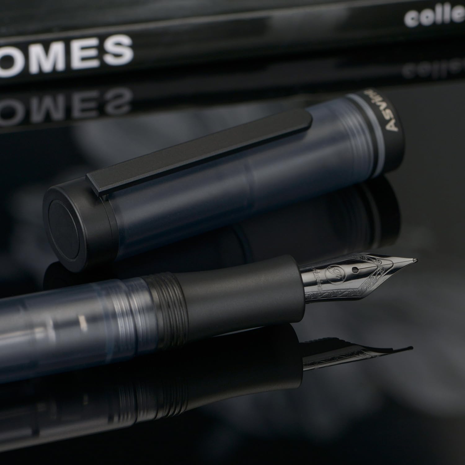 Asvine V200 Titanium Fountain Pen Vacuum Filling, Matte Black Extra Fine Nib Clear Demonstrator Acrylic with Pen Case and Wrench