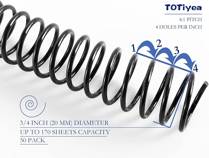 TOTiyea 50 Pack Plastic Spiral Binding Coils,20mm(3/4 ") Binding Spirals,170 Sheet Capacity,4:1 Pitch, Black