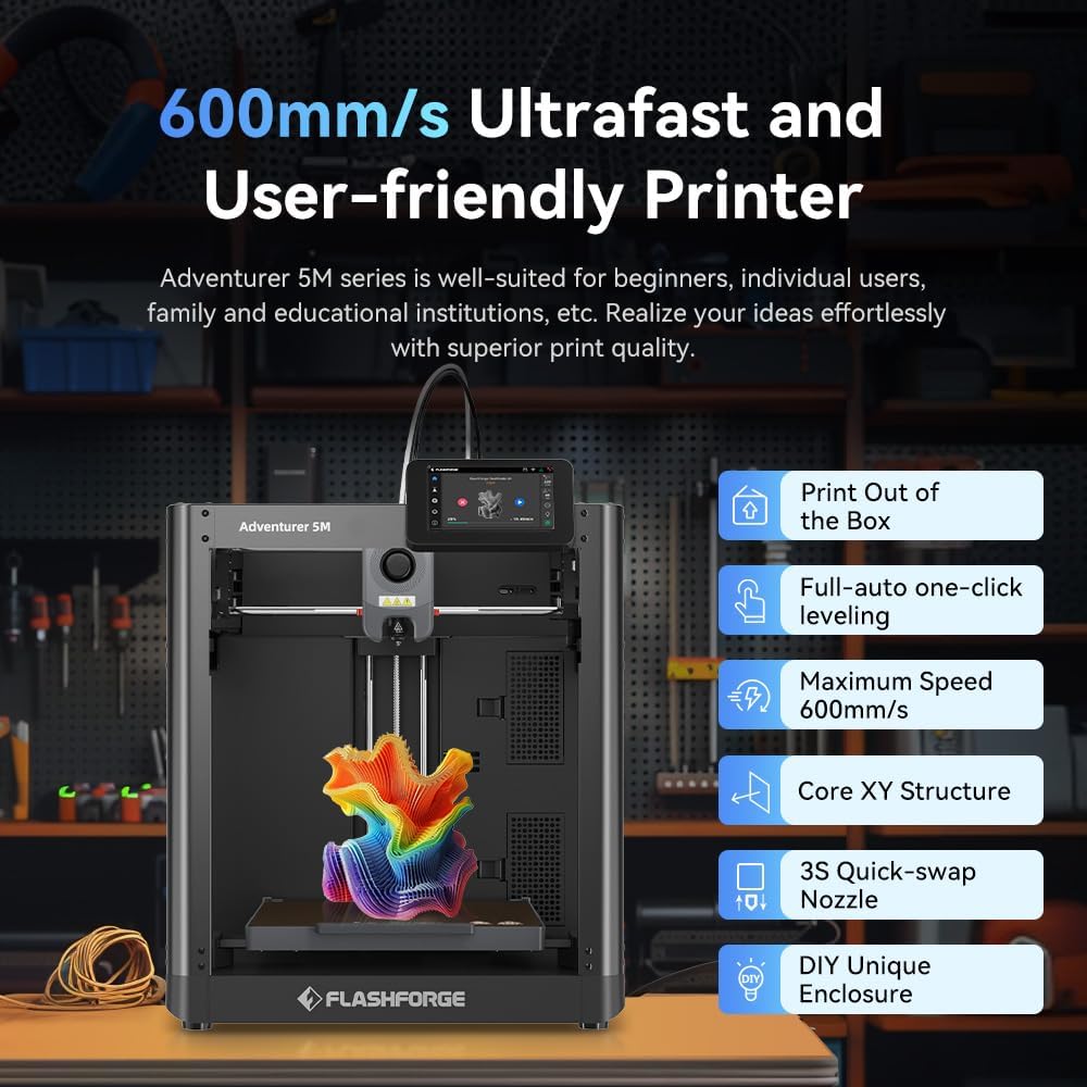 FLASHFORGE Adventurer 5M 3D Printer with Fully Auto Leveling System, Max 600mm/s High-Speed, 280℃ Quick-Detach Nozzle, CoreXY Structure for Superior Print Quality, Rookies & Experts Smart Choice