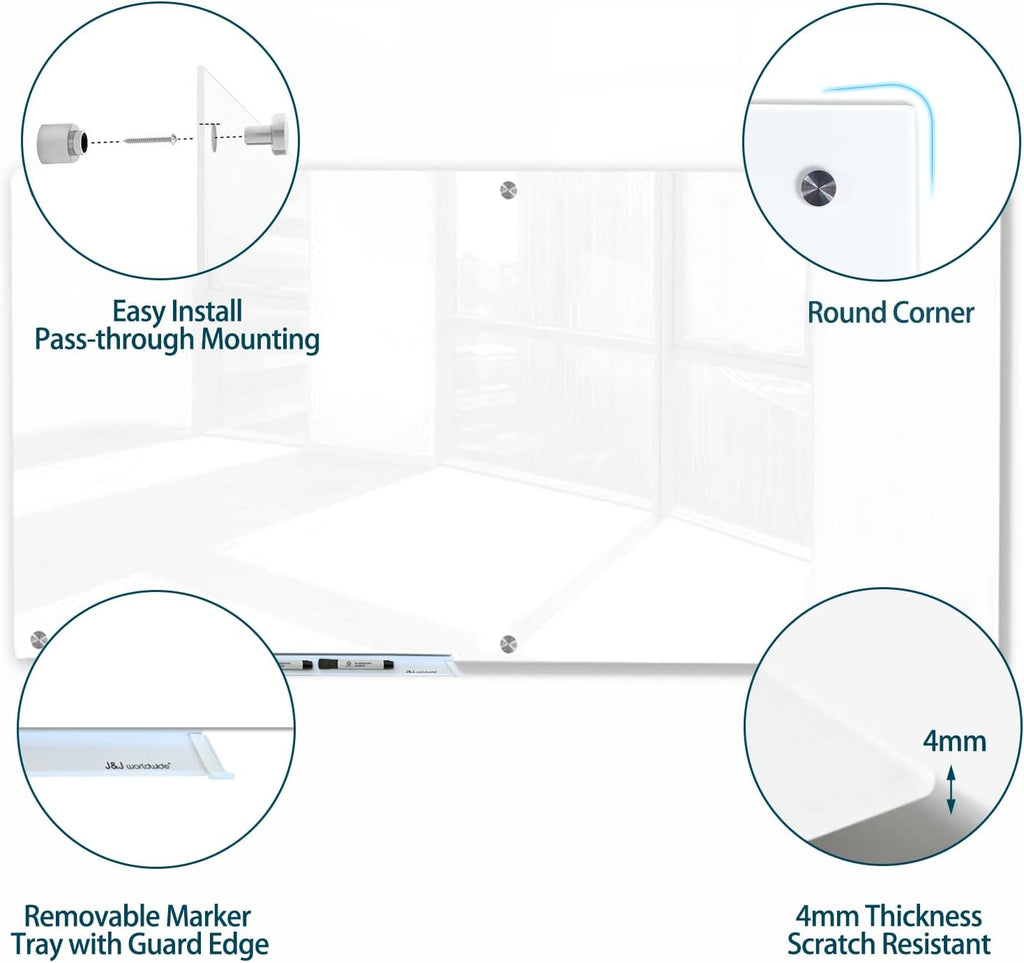 J&J worldwide Glass Whiteboard, Magnetic Brilliance White Glass Dry Erase Board 6' x 4', Includes Markers, Marker Tray, Eraser for Wall, Office, Home, School