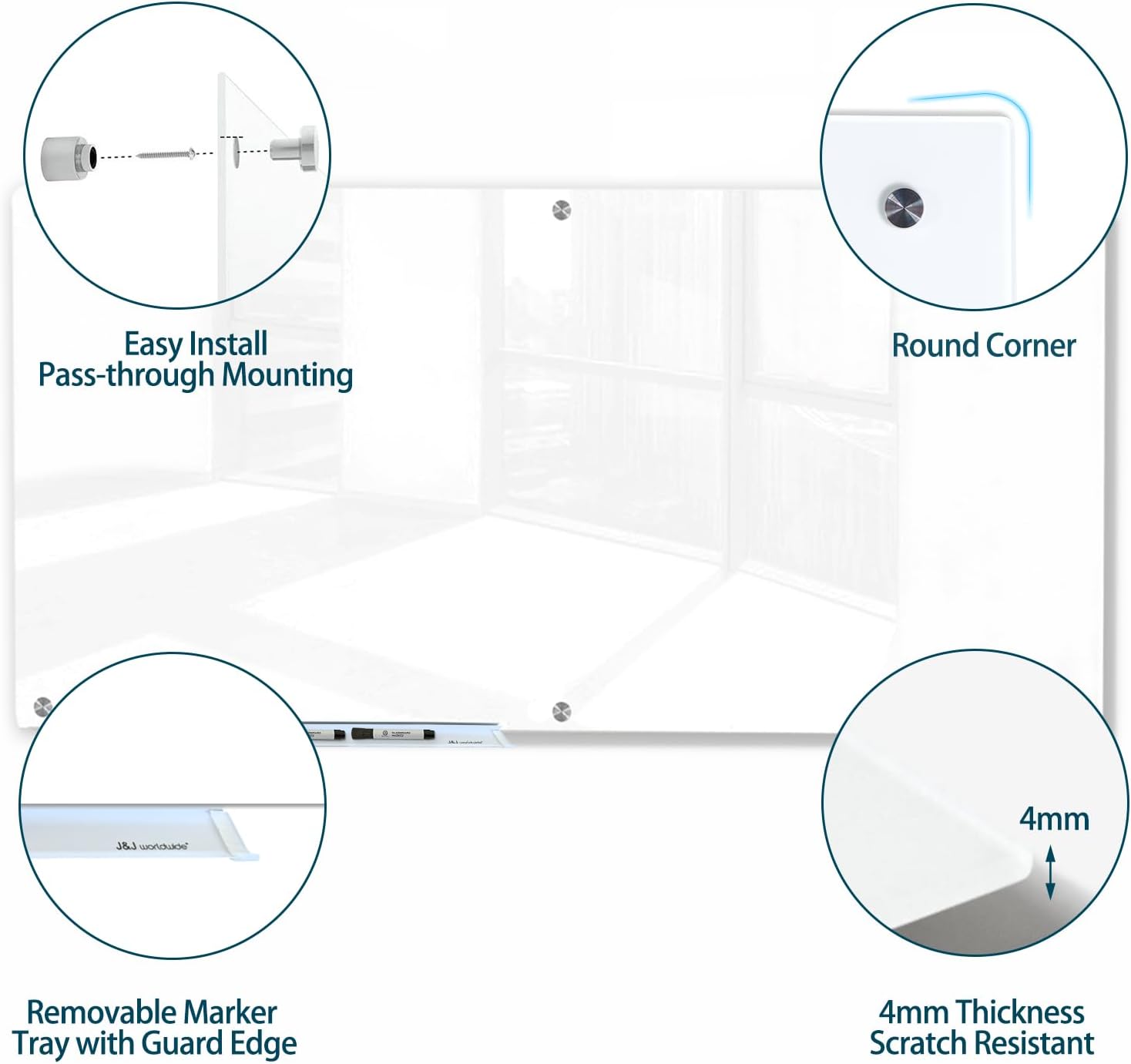 J&J worldwide Magnetic Glass Whiteboard Brilliance White Dry Erase Board 6' x 3', Large Frameless Glass White Boards for Walls, Includes Magnets, Marker Tray, Eraser for Office, Home, School