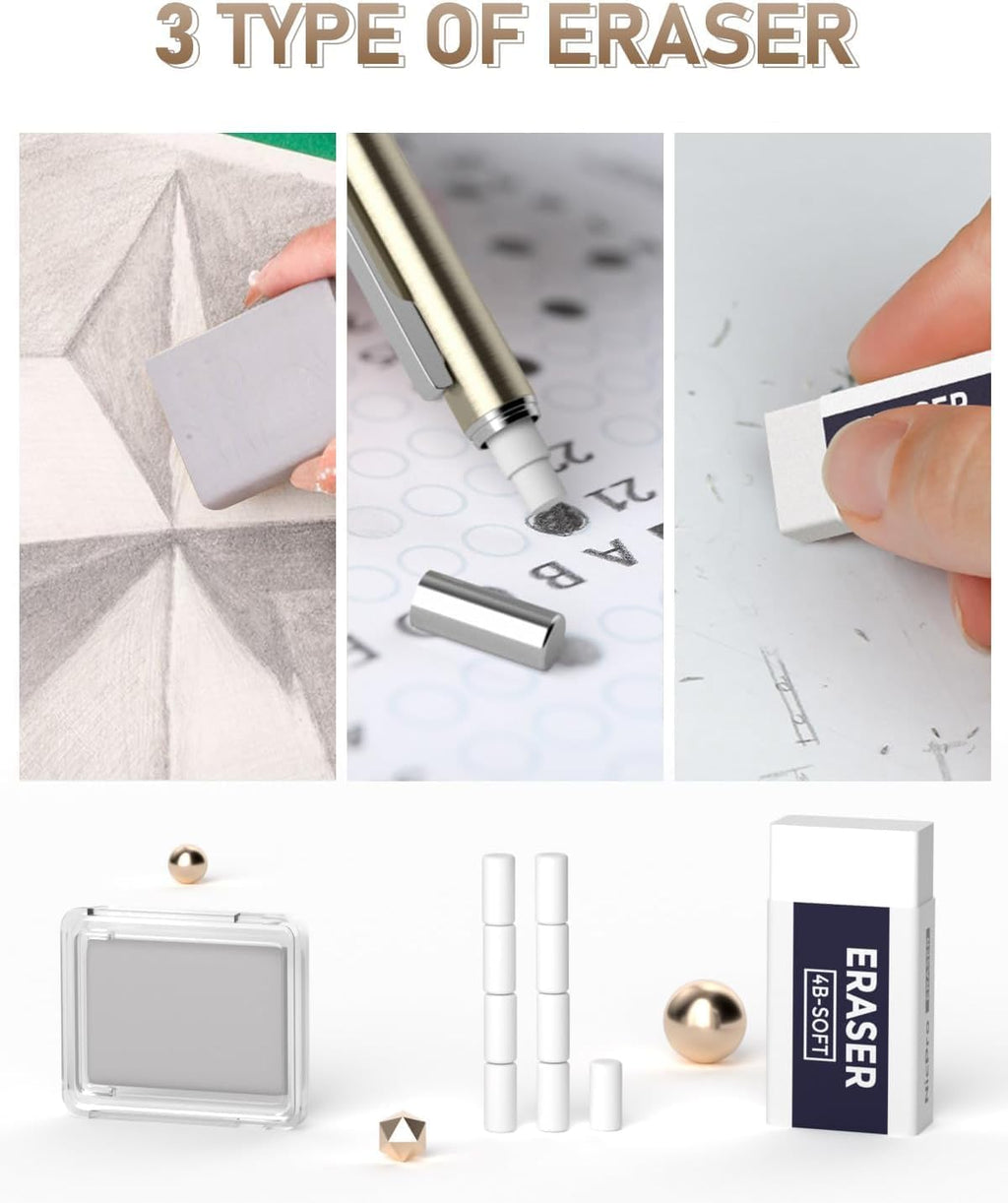 Nicpro 35PCS Gold Art Mechanical Pencils Set, 3 PCS Metal Drafting Pencil 0.5 mm & 0.7 mm & 0.9 mm & 3 PCS 2mm Lead Holder (6B 4B 2B HB 2H 4H Colors) For Sketching Drawing