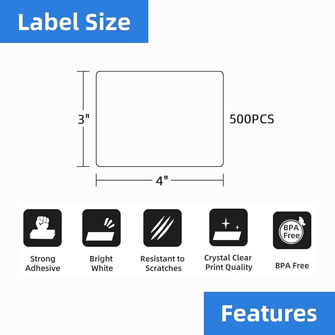 1 Roll 4" x 3" Direct Thermal Labels for Barcodes Postage Address Shipping Labels Compatible with Rollo & Zebra Desktop Printers Adhesive - 500 Labels/Roll