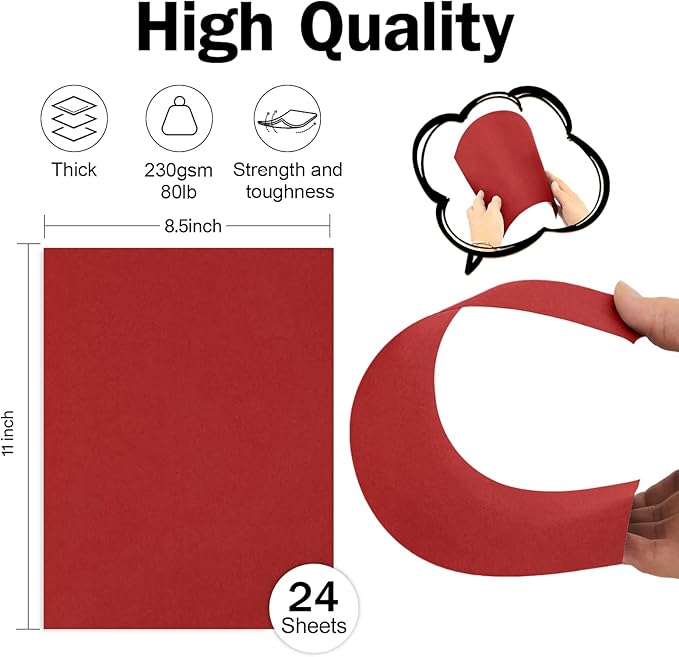 24 Sheets Red Cardstock 8.5 x 11 Thick Printer Paper, Goefun 80lb Red Card Stock Paper for Christmas, Valentines Day, Invitations and Craft