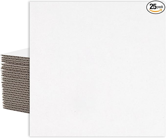 Mat Board Center, 25 Pack 8x8 Corrugated Cardboard sheet, 1/8 inch thick, Flat Cardboard Inserts for Mailing, Packaging & Shipping, Cardboard Backing, Craft Card Board (White on one side)
