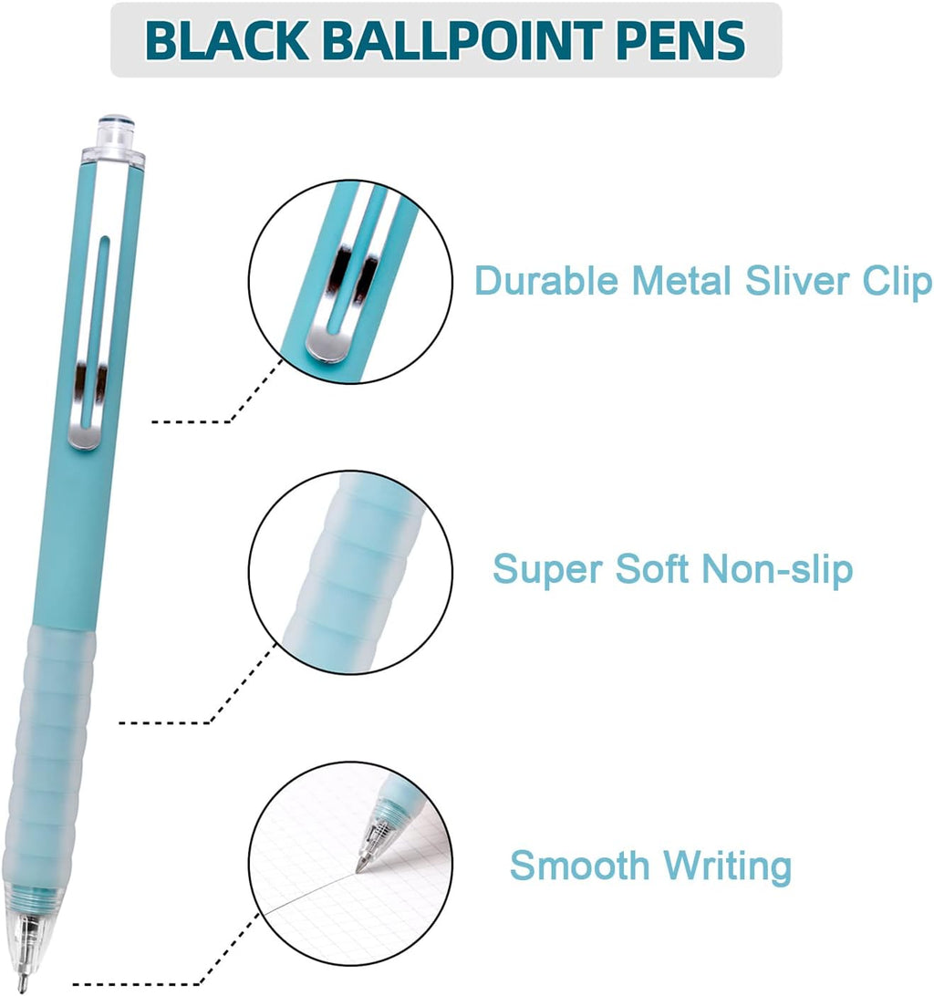 Linbsunne Ballpoint Pens Medium Point 1mm Black Ink Work Pen with Super Soft Grip Ball Point Pen for Men Women Retractable Office Pens (Silver Clip-12 count)