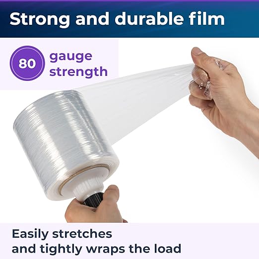 IDL Packaging 5" x 1000' Stretch Wrap Mini Roll of 80 Gauge (6 Rolls) with Plastic Handle - Extra Sticky Clear Plastic Wrap Film - Great for Moving and Office Needs - Self-Adhesive Wrap Packaging
