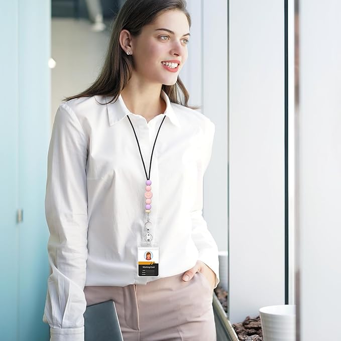 Colorful ID Badge Holder with Silicone Beads Lanyard Set,Cute Teacher Breakaway Lanyard for Keys & Keychain with Cute Retractable Badge Reel Holder,Gift for Women,Nurse, Teacher. (Pink Daisy 1)