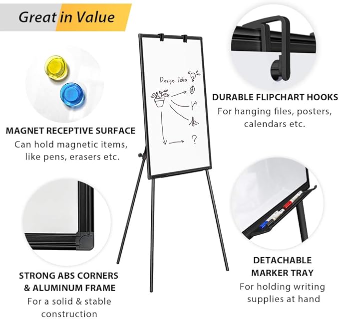 Easel Whiteboard - Black Magnetic Portable Dry Erase 40 x 28 Tripod Height Adjustable, Flipchart Easel Stand White Board for Office