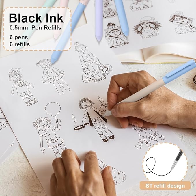 AUAUY 6PCS Gel Pens, Retractable Quick Dry Gel Ink Pen, Pens for Journaling with 6 Refill, Cute Pens, Smooth Writing Pens, 0.5mm Black Ink Pens, Office School Supplies Kids Gift（Double Matching Color）