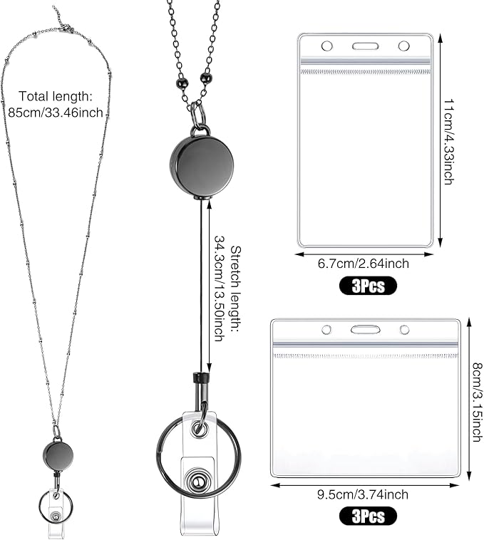 Lanyards for Id Badges 3 Pack Badge Lanyard with 6 Pcs Id Badge Holder Retractable Stainless Steel Teacher Lanyards Cruise Ship Lanyards for Girl Women (Black, Silver, Bright Blue)