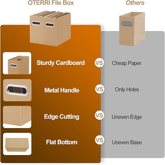 Oterri File Organizer, Small Storage Box, Cardboard File Folder Organizer, Collapsible File Box, Hanging File Organizer for Letter Size, Portable File Box with Handle, Only Box (Brown, 8 Packs)