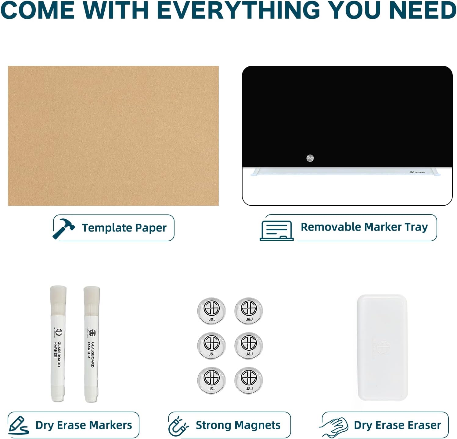 J&J worldwide Glass Whiteboard 8' x 4', Magnetic Black Glass Dry Erase Board, Black White Board Frameless, Includes Markers, Magnets, Marker Tray, Eraser for Wall, Office, Home, School