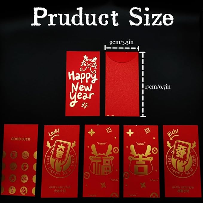 Red Envelopes Chinese 12 PCS,Lucky Money Envelopes,Gold Foil New Year Wishes Envelopes Red Pocket Hong Bao 6 Designs For 2024 The Dragon Lunar Year Spring Festival Birthday Wedding Party Cash Gifts