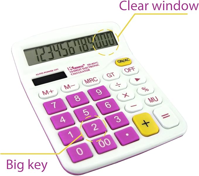 QPEY Calculators, 12-Digit Battery Office Basic Desk Desktop Calculators with Large LCD Display Big Sensitive Button (Pink)