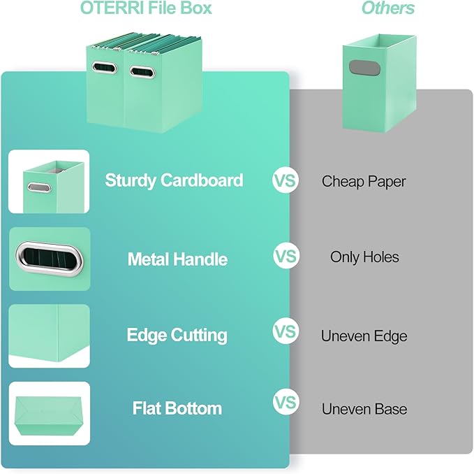 Oterri File Organizer, Small Storage Box, Cardboard File Folder Organizer, Collapsible File Box, Hanging File Organizer for Letter Size, Portable File Box with Handle, Only Box (Mint Green,4 Packs)