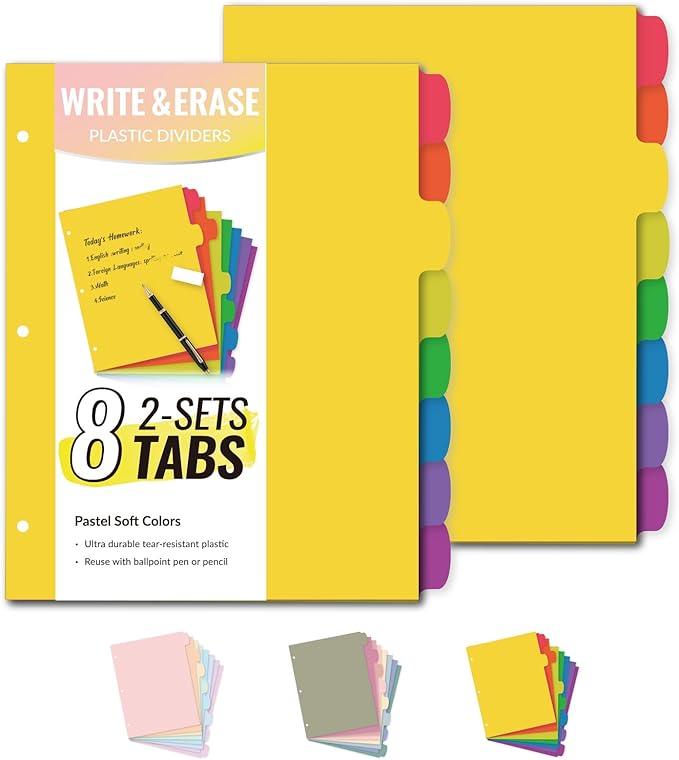 Sooez 8-Tab Durable Plastic Write & Erase Big Tab Dividers for 3 Ring Binder, Aesthetic Cute Pastel Binder Dividers for Student, Teacher, Office, Home Organizers, 2 Sets, Rainbow