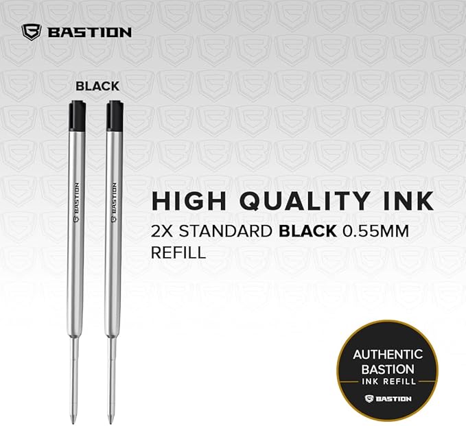 BASTION® Premium Pen Refill, Deeply Pigmented Ink for All Bastion Bolt Action Luxury Pens, Standard Ink Refill with 0.55mm Fine Tip - Black, 2 Pieces