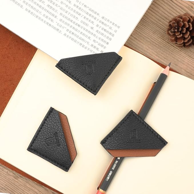 3 Pieces Leather Bookmarks Handmade Page Marker for Men Women, Faux Leather Page Clips Corner Book Markers for Teachers Gift for Writers Bookworm Book Lovers (06-Black Brown)