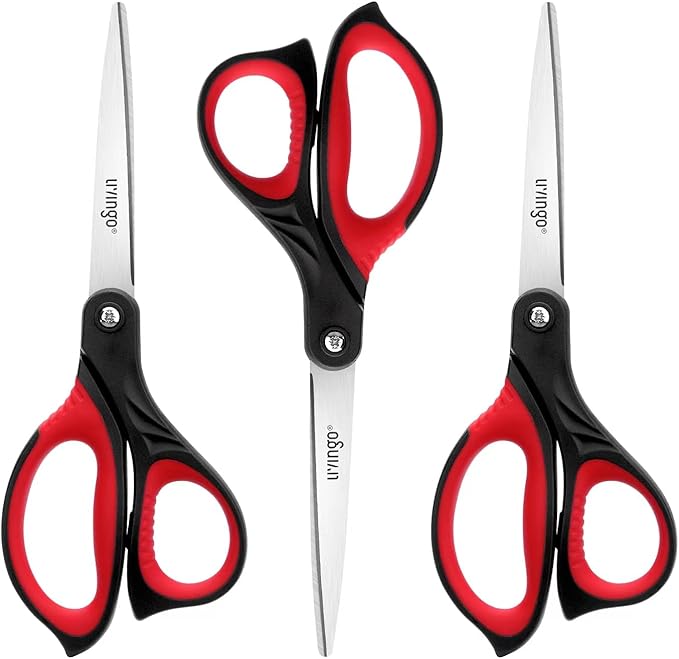 LIVINGO 8.5” Scissors All Purpose - Ultra Sharp Multipurpose 3 Pack Heavy duty Shears for Office, Home, School Sewing and Crafting Cutting Fabric, Paper, Red Comfort Grip