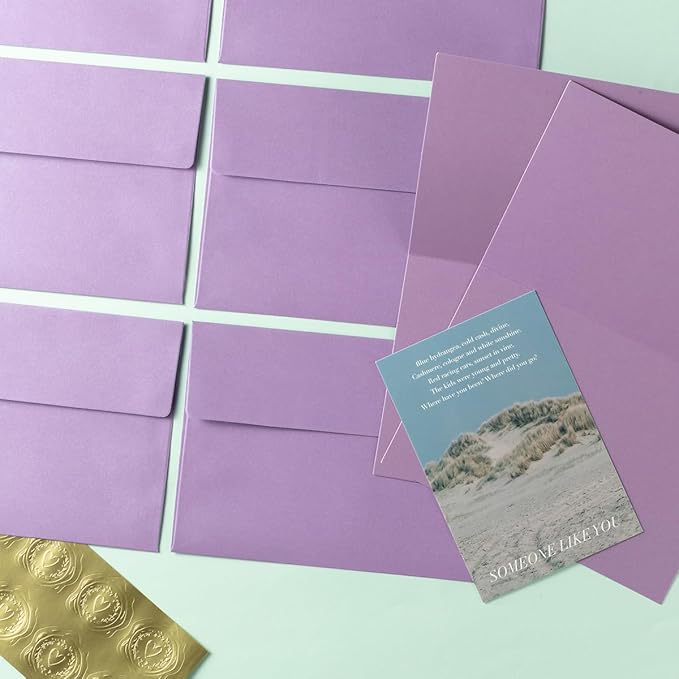 Wishop 50 Pack Shiny Self-Adhesive Envelopes with Shiny Fold Cards for Wedding Invitations, Greeting Cards, Baby Shower, Letter Mailing (Light Purple, 5x7)