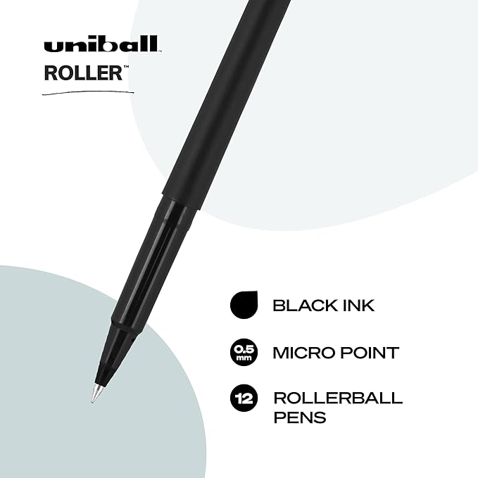 uni-ball Roller Rollerball Pens Fine Point Micro Tip, 0.5mm, Black, 12 Pack
