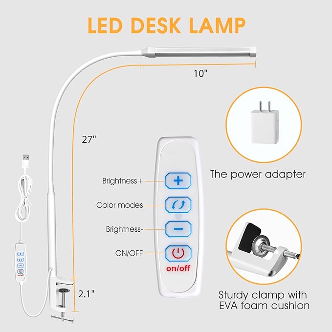 LED Desk lamp with Clamp, Eye-Caring Clip on Lights for Home Office, 3 Modes 10 Brightness, Long Flexible Gooseneck,Metal, Swing Arm Architect Task Table Lamps with USB Adapter, White