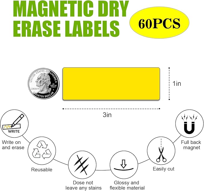 Dry Erase Magnetic Labels (1x3",Pack of 60),Write On Magnets Sticker,Real Waterproof/Reusable for Classroom&Office&Cabinet&whiteboard&Fridge&More (Yellow)