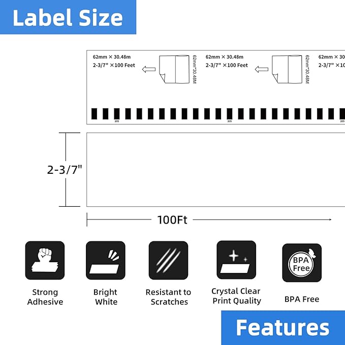 12 Rolls Continuous Paper Label Replacement for Brother DK-2205 (2.4" X 100 Ft), Compatible with Brother QL Label Printers QL800 QL1100 (100 Ft & 1 Refillable Cartridge Frame)