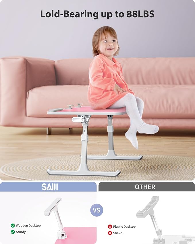 SAIJI Height & Angle Adjustable Laptop Stand, Lap Desk Bed Tray Table, Light Weight Foldable Portable Laptop Table for Couch, Sofa, Chair, Floor Desk for Adults, Kids (Pink)