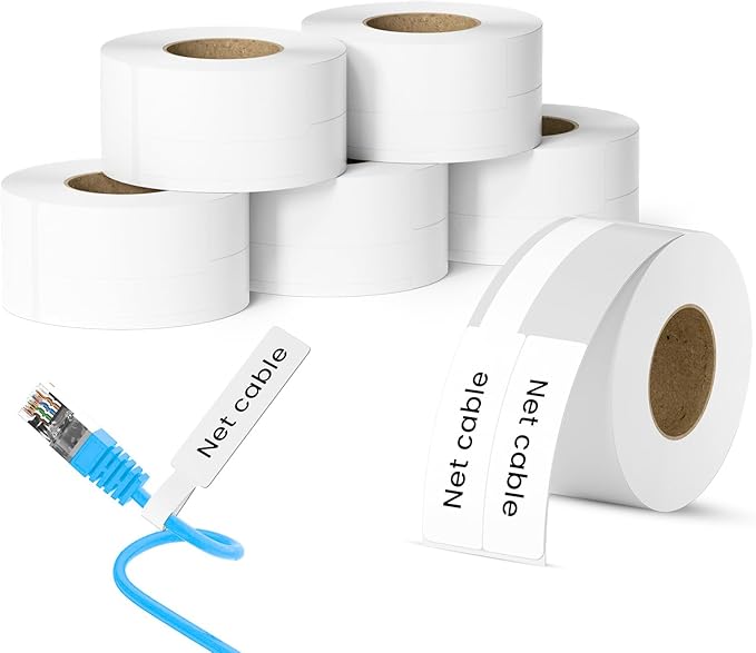Clabel Printable White Cable Labels 6 Rolls of Thermal Self-Adhesive Paper Labels Tape, 25x78mm (1"x3") 100 Sheets Per Roll, Black Print on White Sticker Tags Durable