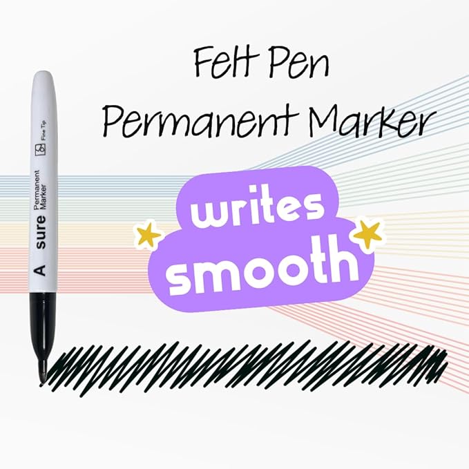 60 Pack Black Permanent Felt Waterproof Markers, Fine Point, Fade Resistant, Writes on Plastic, Metal, Glass, and Stone.